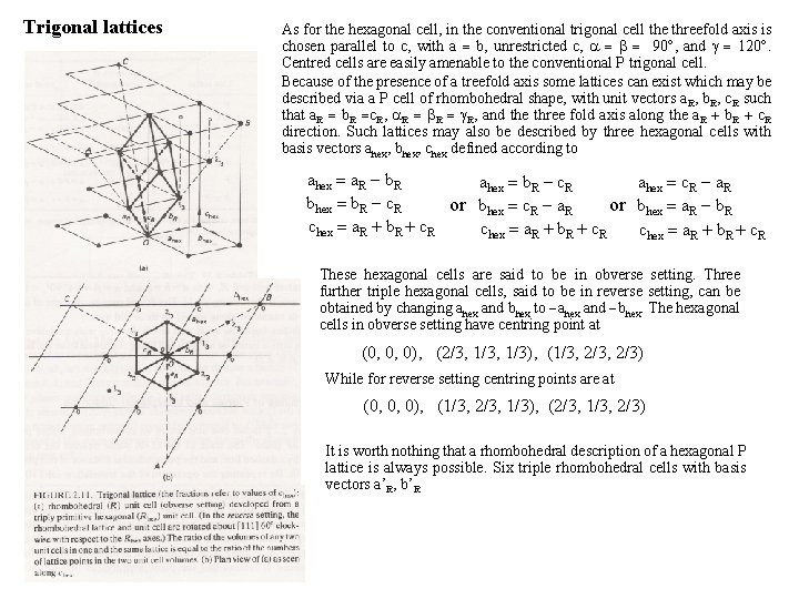 Trigonal lattices As for the hexagonal cell, in the conventional trigonal cell the threefold