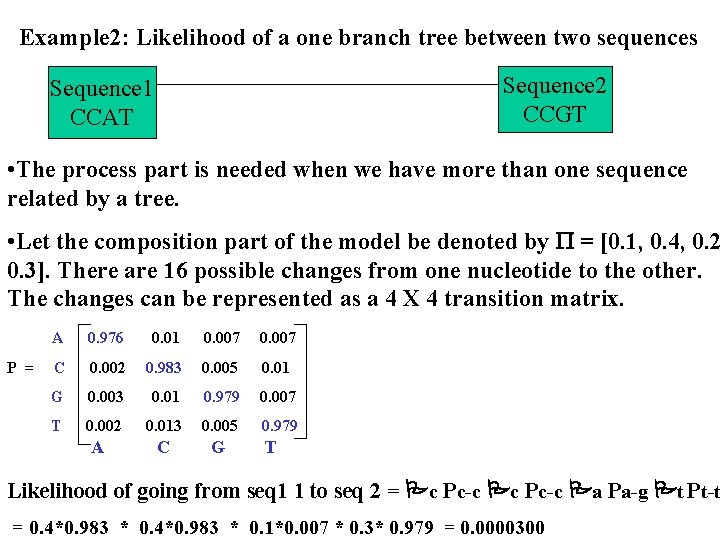  Example 2: Likelihood of a one branch tree between two sequences Sequence 2
