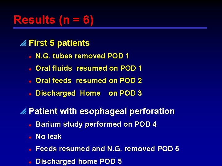 Results (n = 6) p First 5 patients l N. G. tubes removed POD