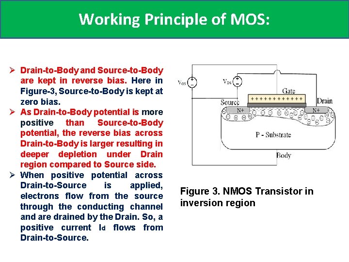 Working Principle of MOS: Ø Drain-to-Body and Source-to-Body are kept in reverse bias. Here