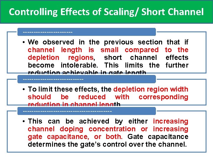 Controlling Effects of Scaling/ Short Channel ----------- • We observed in the previous section