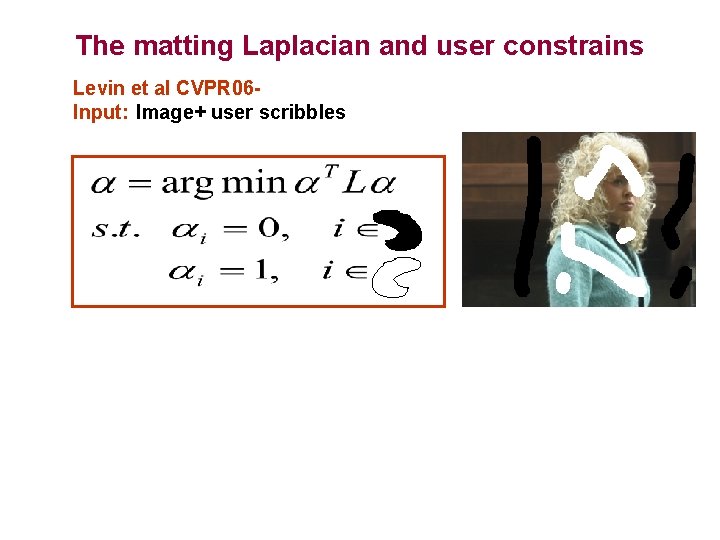 The matting Laplacian and user constrains Levin et al CVPR 06 Input: Image+ user