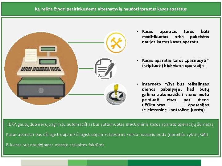 Ką reikia žinoti pasirinkusiems alternatyvią naudoti įprastus kasos aparatus • Kasos aparatas turės būti