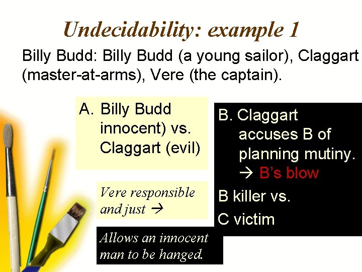 Undecidability: example 1 Billy Budd: Billy Budd (a young sailor), Claggart (master-at-arms), Vere (the