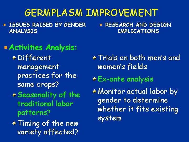 GERMPLASM IMPROVEMENT ISSUES RAISED BY GENDER ANALYSIS Activities Analysis: Different management practices for the GERMPLASM IMPROVEMENT ISSUES RAISED BY GENDER ANALYSIS Activities Analysis: Different management practices for the