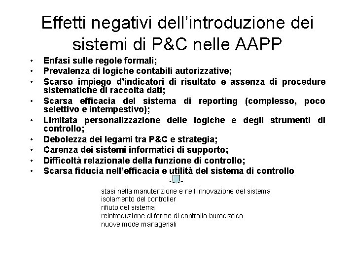 Effetti negativi dell’introduzione dei sistemi di P&C nelle AAPP • • • Enfasi sulle