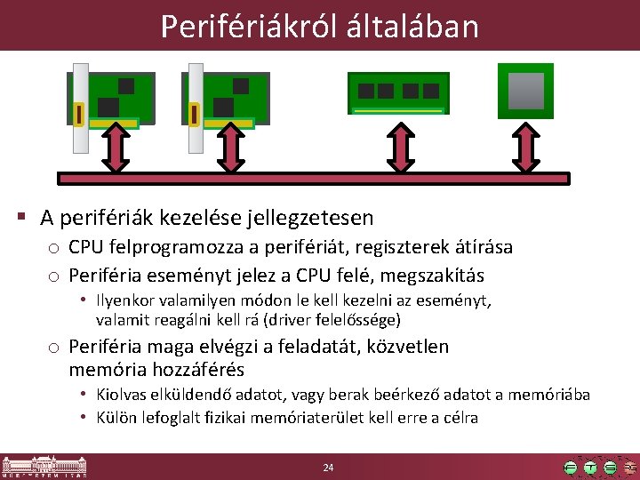 Perifériákról általában § A perifériák kezelése jellegzetesen o CPU felprogramozza a perifériát, regiszterek átírása