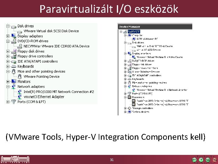 Paravirtualizált I/O eszközök (VMware Tools, Hyper-V Integration Components kell) 31 