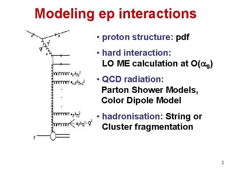 Modeling ep interactions • proton structure: pdf • hard interaction: LO ME calculation at Modeling ep interactions • proton structure: pdf • hard interaction: LO ME calculation at
