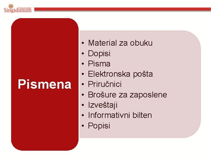 Pismena • • • Material za obuku Dopisi Pisma Elektronska pošta Priručnici Brošure za