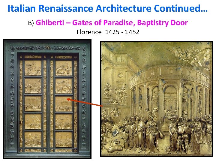 Italian Renaissance Architecture Continued… B) Ghiberti – Gates of Paradise, Baptistry Door Florence 1425