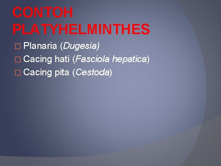 CONTOH PLATYHELMINTHES � Planaria (Dugesia) � Cacing hati (Fasciola hepatica) � Cacing pita (Cestoda)