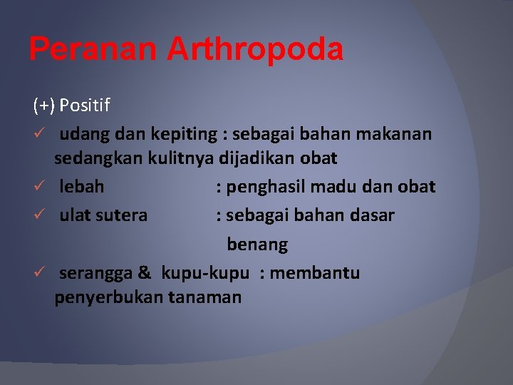 Peranan Arthropoda (+) Positif ü udang dan kepiting : sebagai bahan makanan sedangkan kulitnya