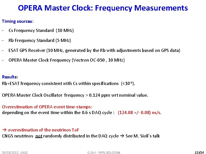 OPERA Master Clock: Frequency Measurements Timing sources: - Cs Frequency Standard (10 MHz) -