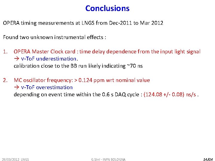 Conclusions OPERA timing measurements at LNGS from Dec-2011 to Mar 2012 Found two unknown
