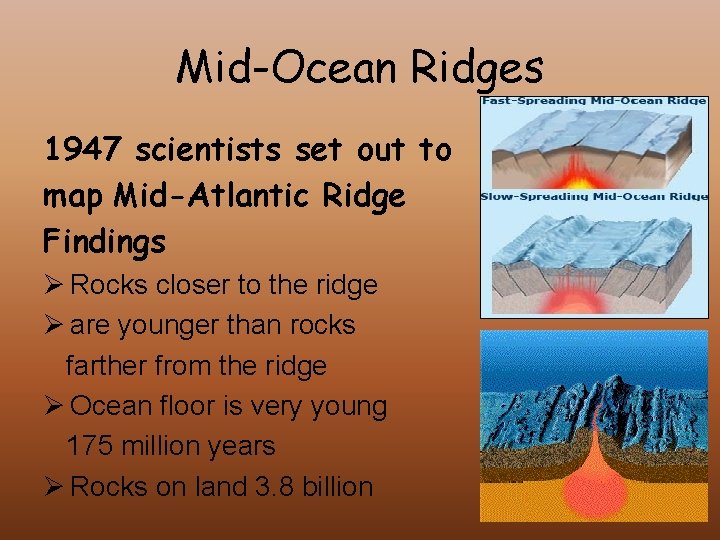 Mid-Ocean Ridges 1947 scientists set out to map Mid-Atlantic Ridge Findings Ø Rocks closer