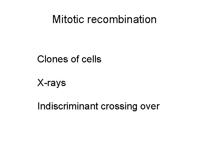 Mitotic recombination Clones of cells X-rays Indiscriminant crossing over 