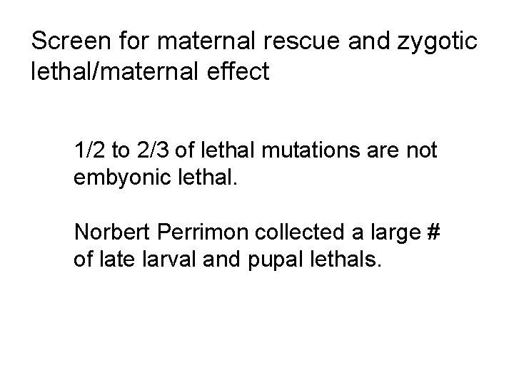 Screen for maternal rescue and zygotic lethal/maternal effect 1/2 to 2/3 of lethal mutations