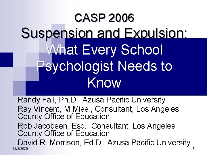 CASP 2006 Suspension and Expulsion: What Every School Psychologist Needs to Know Randy Fall,