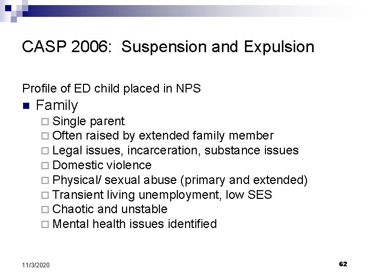 CASP 2006: Suspension and Expulsion Profile of ED child placed in NPS n Family