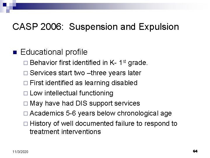 CASP 2006: Suspension and Expulsion n Educational profile ¨ Behavior first identified in K-