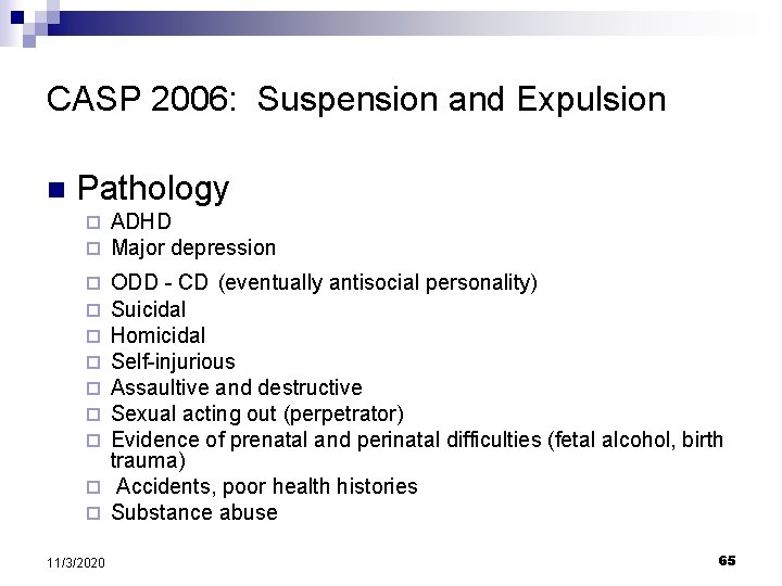 CASP 2006: Suspension and Expulsion n Pathology ¨ ¨ ¨ 11/3/2020 ADHD Major depression