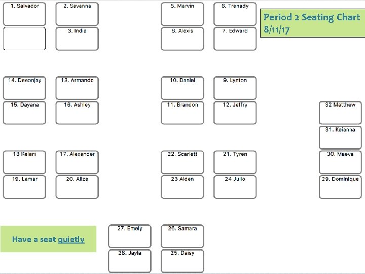 Period 2 Seating Chart 8/11/17 Have a seat quietly 