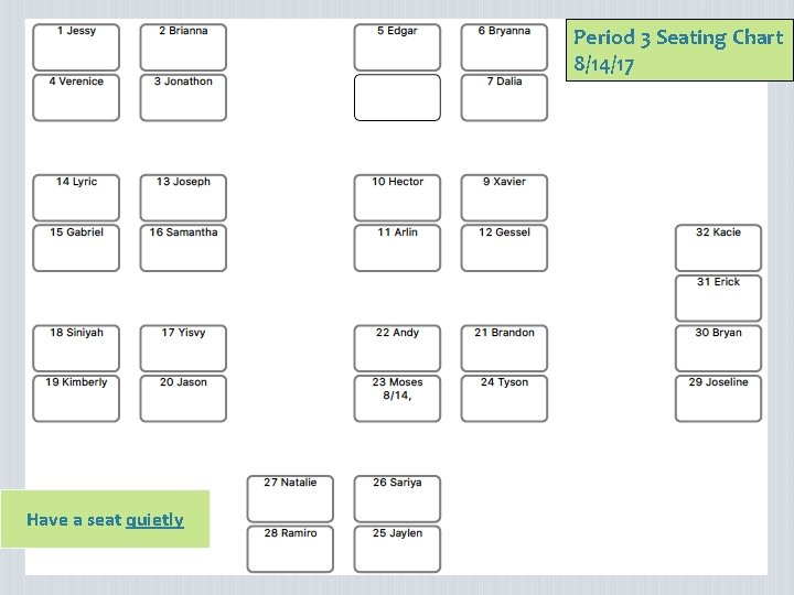 Period 3 Seating Chart 8/14/17 Have a seat quietly 