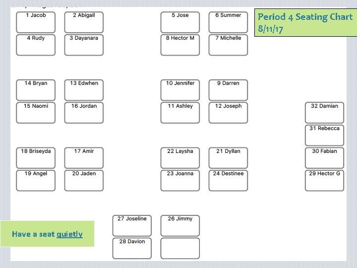 Period 4 Seating Chart 8/11/17 Have a seat quietly 