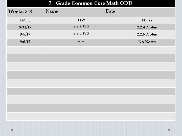 7 th Grade Common Core Math ODD Weeks 5 -8 Name___________Date______ DATE HW Notes