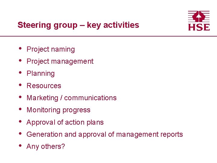 Steering group – key activities • • • Project naming Project management Planning Resources