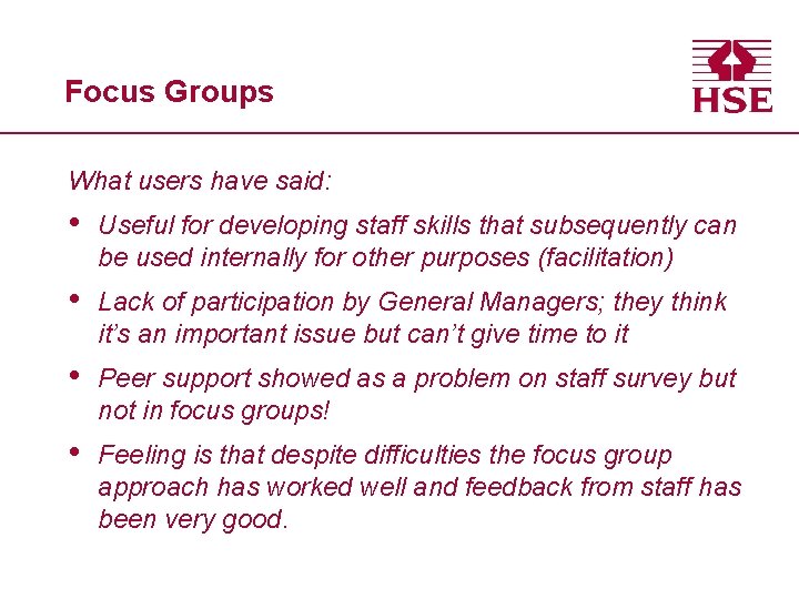 Focus Groups What users have said: • Useful for developing staff skills that subsequently