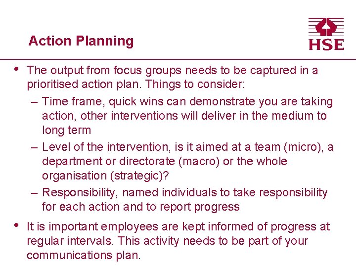 Action Planning • The output from focus groups needs to be captured in a