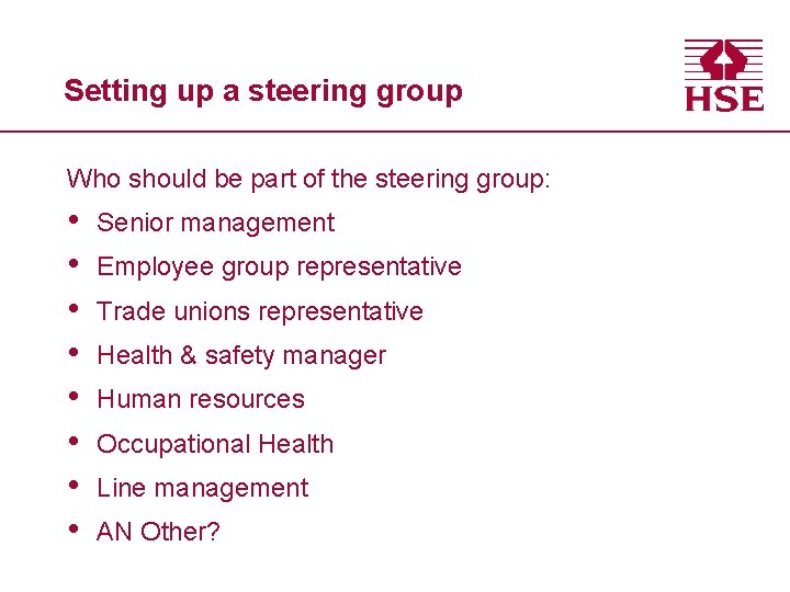 Setting up a steering group Who should be part of the steering group: •