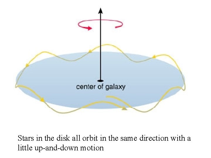 Stars in the disk all orbit in the same direction with a little up-and-down