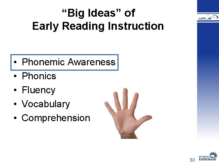 “Big Ideas” of Early Reading Instruction • • • Phonemic Awareness Phonics Fluency Vocabulary “Big Ideas” of Early Reading Instruction • • • Phonemic Awareness Phonics Fluency Vocabulary