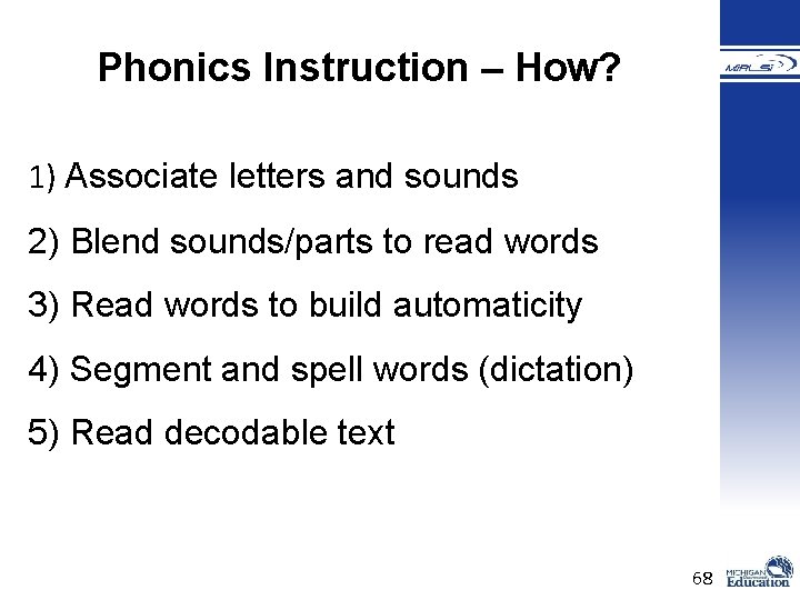 Phonics Instruction – How? 1) Associate letters and sounds 2) Blend sounds/parts to read Phonics Instruction – How? 1) Associate letters and sounds 2) Blend sounds/parts to read