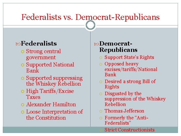 Federalists vs. Democrat-Republicans Federalists Strong central government Supported National Bank Supported suppressing the Whiskey