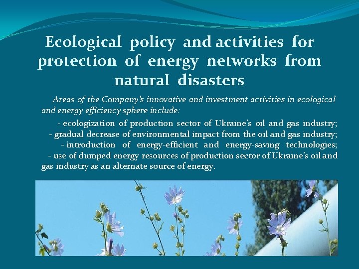 Ecological policy and activities for protection of energy networks from natural disasters Areas of