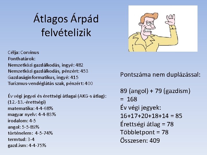 Átlagos Árpád felvételizik Célja: Corvinus Ponthatárok: Nemzetközi gazdálkodás, ingyé: 482 Nemzetközi gazdálkodás, pénzért: 453 Átlagos Árpád felvételizik Célja: Corvinus Ponthatárok: Nemzetközi gazdálkodás, ingyé: 482 Nemzetközi gazdálkodás, pénzért: 453