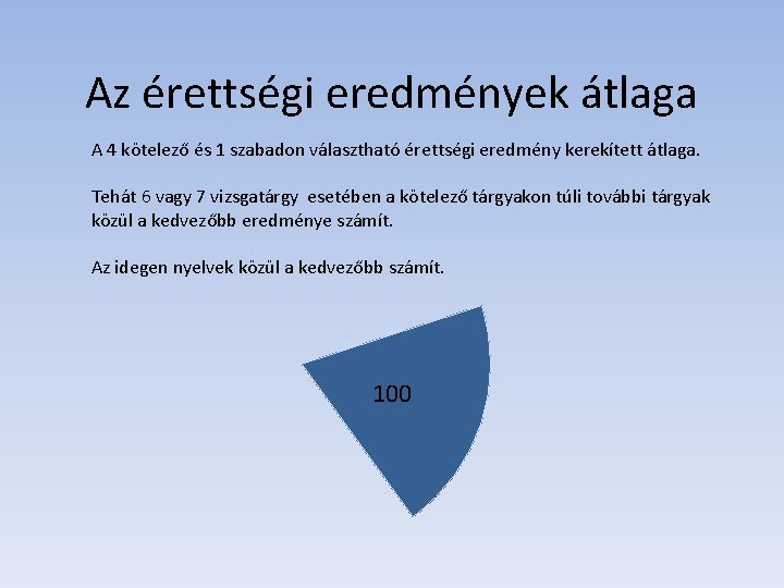 Az érettségi eredmények átlaga A 4 kötelező és 1 szabadon választható érettségi eredmény kerekített Az érettségi eredmények átlaga A 4 kötelező és 1 szabadon választható érettségi eredmény kerekített