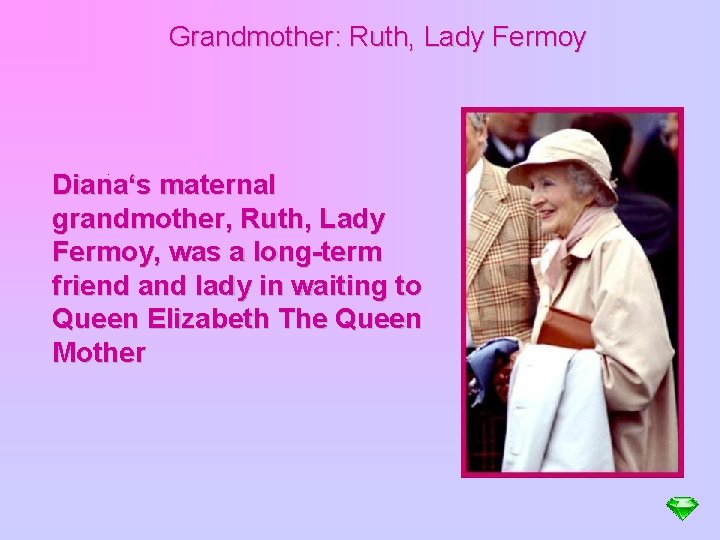 Grandmother: Ruth, Lady Fermoy . Diana‘s maternal grandmother, Ruth, Lady Fermoy, was a long-term