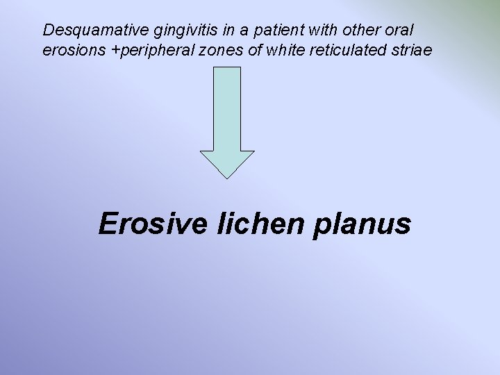 Desquamative gingivitis in a patient with other oral erosions +peripheral zones of white reticulated