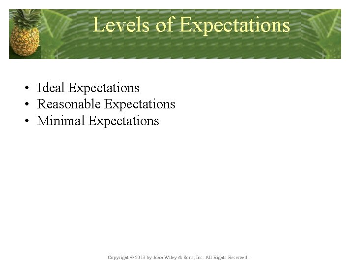 Levels of Expectations • Ideal Expectations • Reasonable Expectations • Minimal Expectations Copyright ©