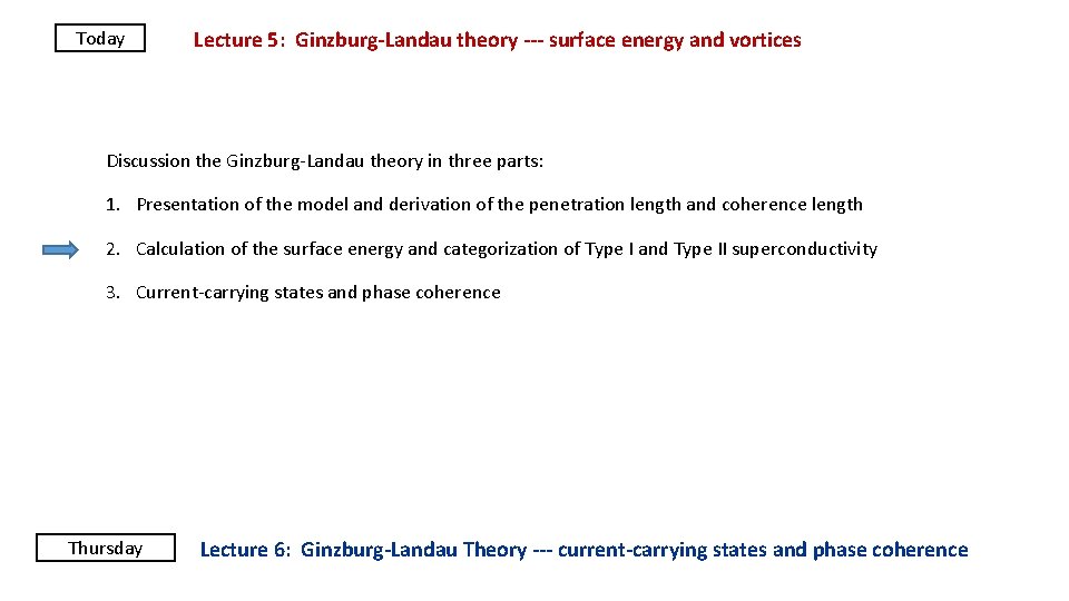 Lecture 5: Ginzburg-Landau theory --- surface energy and vortices Today Discussion the Ginzburg-Landau theory