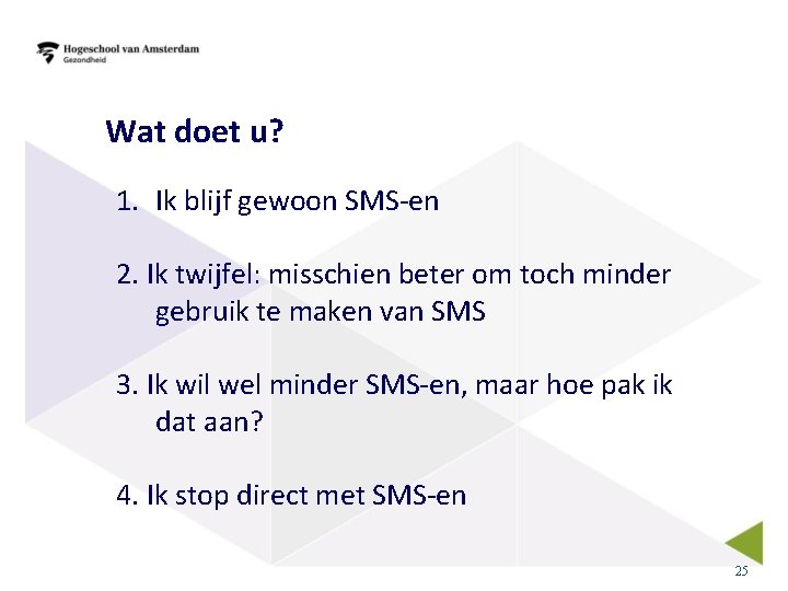 Wat doet u? 1. Ik blijf gewoon SMS-en 2. Ik twijfel: misschien beter om