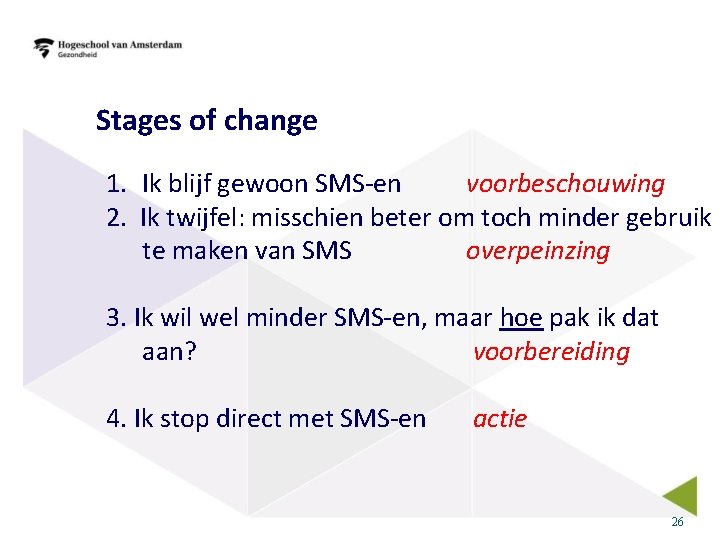 Stages of change 1. Ik blijf gewoon SMS-en voorbeschouwing 2. Ik twijfel: misschien beter
