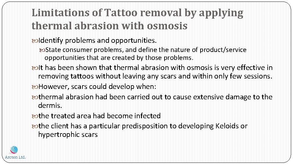 Limitations of Tattoo removal by applying thermal abrasion with osmosis Identify problems and opportunities.