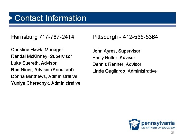 Contact Information Harrisburg 717 -787 -2414 Pittsburgh - 412 -565 -5364 Christine Hawk, Manager