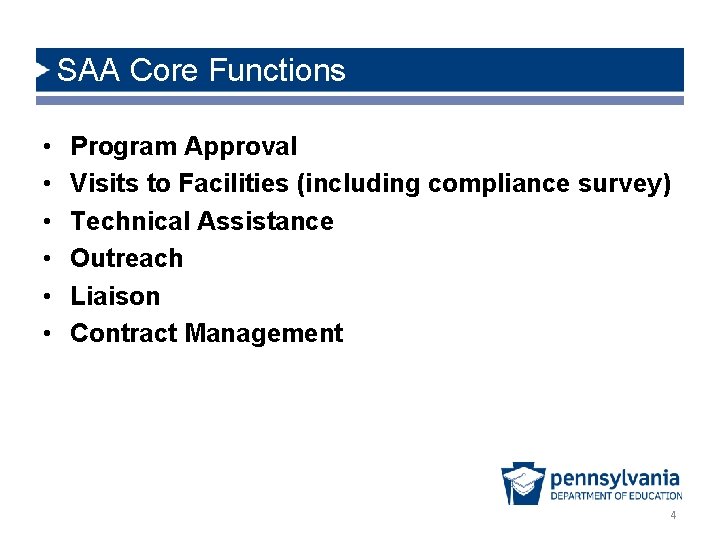 SAA Core Functions • • • Program Approval Visits to Facilities (including compliance survey)